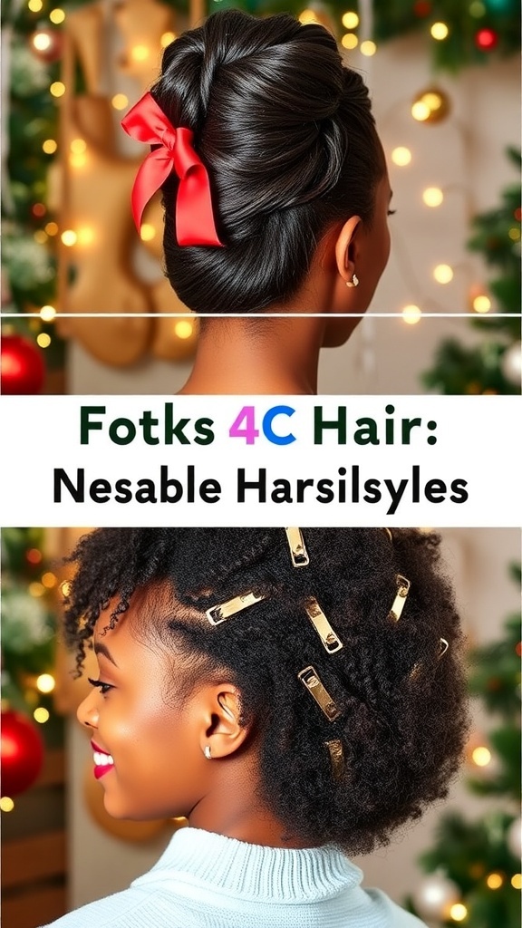 Collage of Christmas hairstyles for 4C hair: twisted updo, braided crown, and fluffy afro with festive accessories.